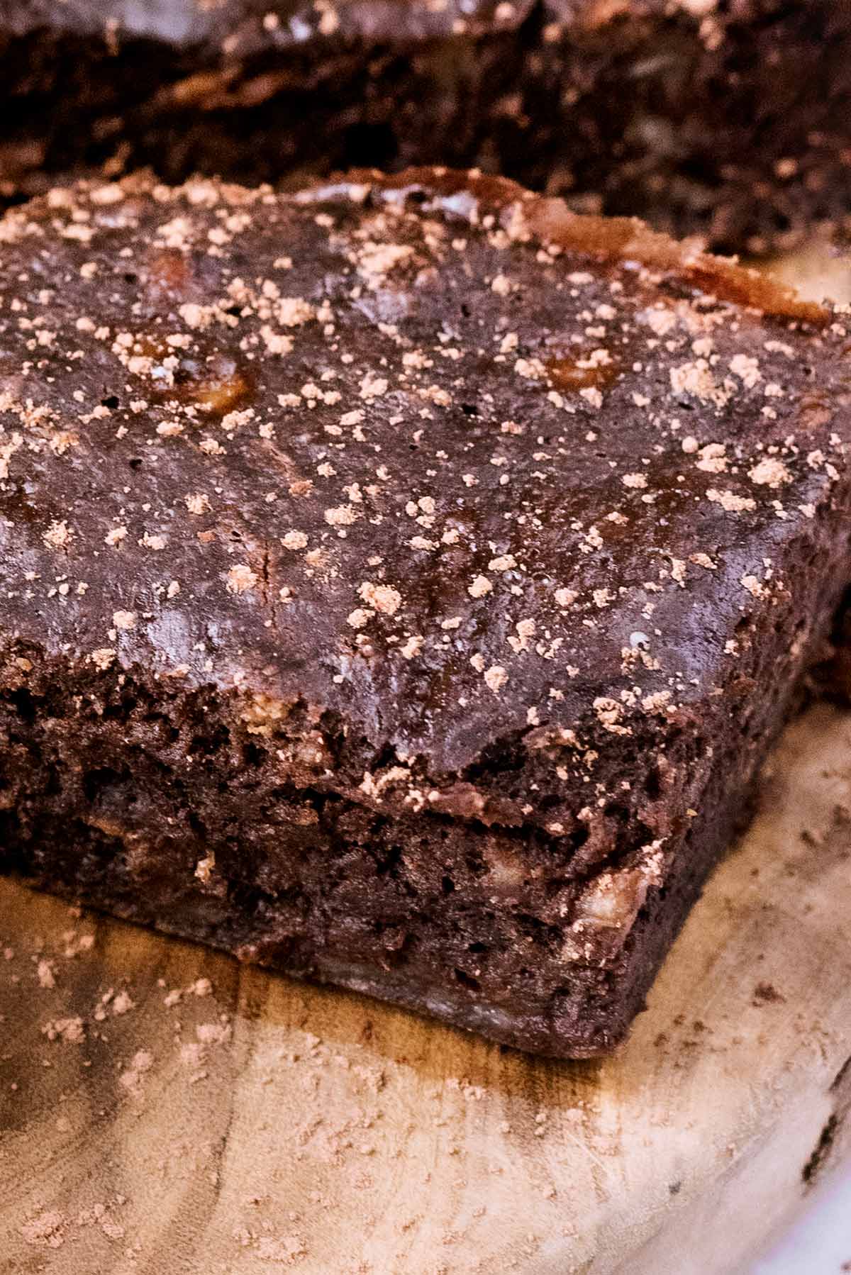 A chocolate brownie with cocoa powder dusted on top of it.