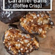 Crispy date caramel balls with a text overlay title.